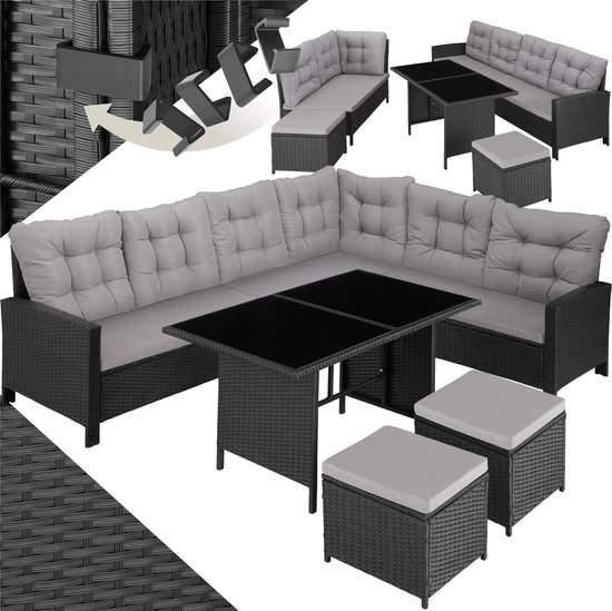 tectake® - wicker loungeset, tuinmeubelset met bank, kruk + tafel, balkonmeubel buiten, 5-delige zitgroep, inclusief zit- en rugkussens, ideaal voor tuin, terras, balkon - zwart met grijze kussens