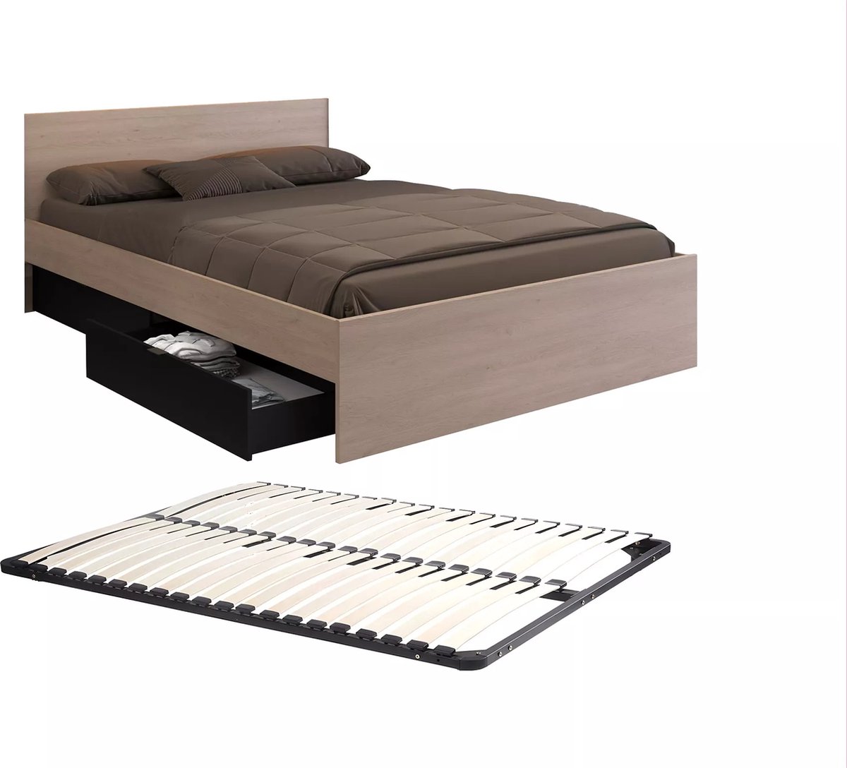 Vente-unique Bedframe hout zwart, natuurlijk licht 160 x 200 cm