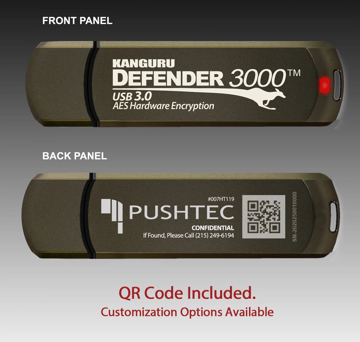 Kanguru - Defender 3000 – 512 GB - Hardware Encrypted USB-Stick – USB 3.0 – FIPS 140-2 Level 3 – Zwart