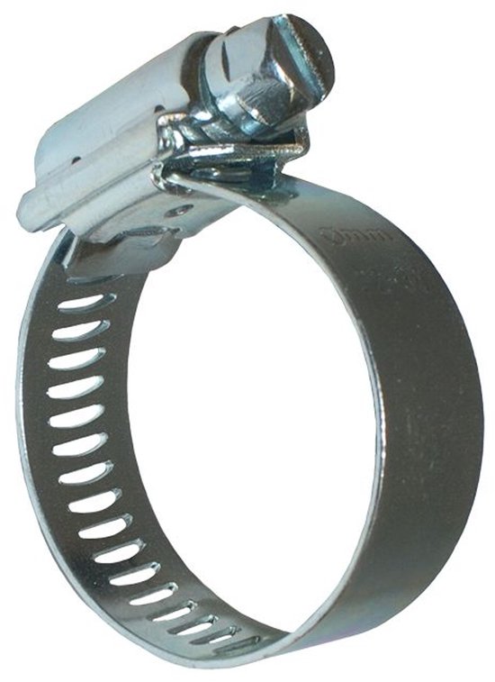 Zilverkleurige slangklem met schroefsluiting.