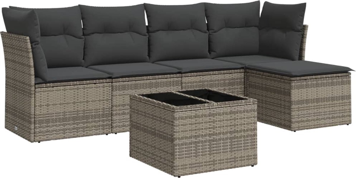 vidaXL 6-delige - Loungeset - met - kussens - poly - rattan - grijs