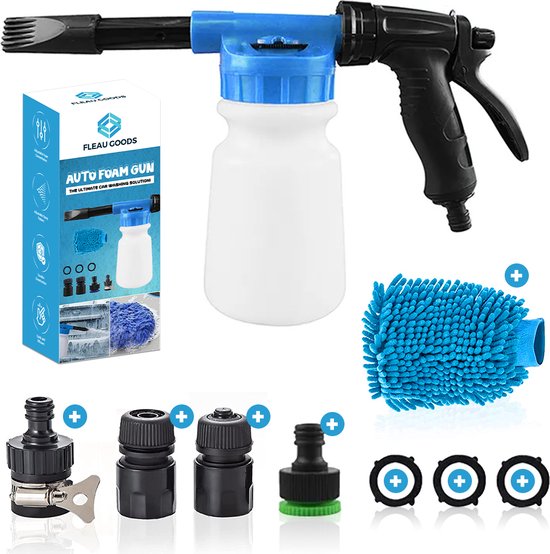 Fleau Goods schuimkanon set: schuimpistool, fles, washandje, diverse koppelstukken en afdichtingen. Verpakking toont auto foam gun.