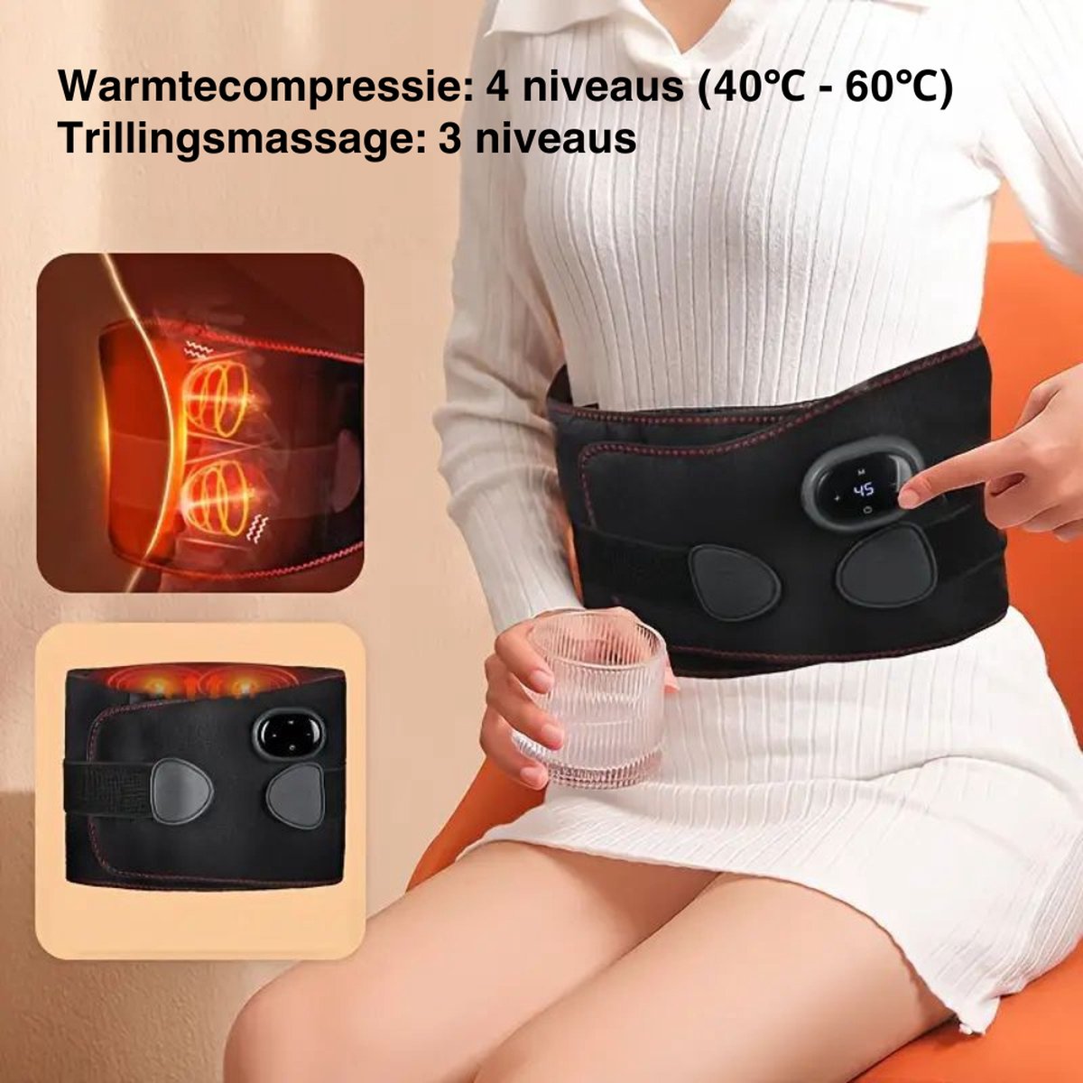 Rugmassage Band met Infrarood Licht - Rugpijn Verlichten - Draadloos Opladen - Hernia - Warmtecompressie - Taille Massage Apparaat - Zwart thumbnail 3