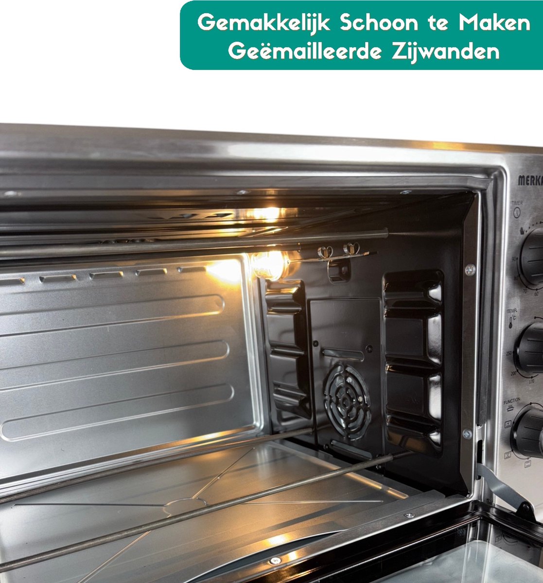 Merkador Vrijstaande Oven - 40 Liter - 1600 Watt - RVS Afwerking - Hetelucht - Gemakkelijk Schoon Te Maken Geëmailleerde Binnenruimte - Kruimelbak – foto 3