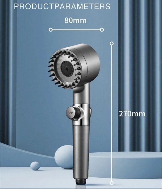 Grijze handdouchekop met afmetingen 80mm breed en 270mm lang. Stopknop zichtbaar.