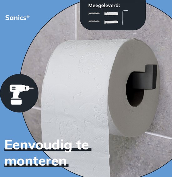 Sanics Seal Porte-rouleau de papier toilette Zwart avec kit de montage - Porte-rouleau de papier toilette en acier inoxydable - Porte- Papier toilette - Porte-rouleau de papier toilette