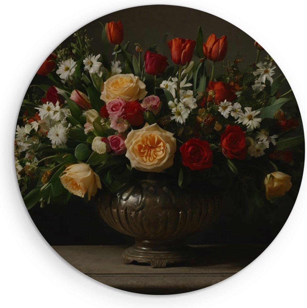 Saammp Forex Muurcirkel - Bloemstuk met Rijke Kleuren in Donkere Setting - Natuur - Klassiek - Ø 30 - Wandcirkel - Wanddecoratie Cirkel - Muurdecoratie Woonkamer - Kantoor Decoratie