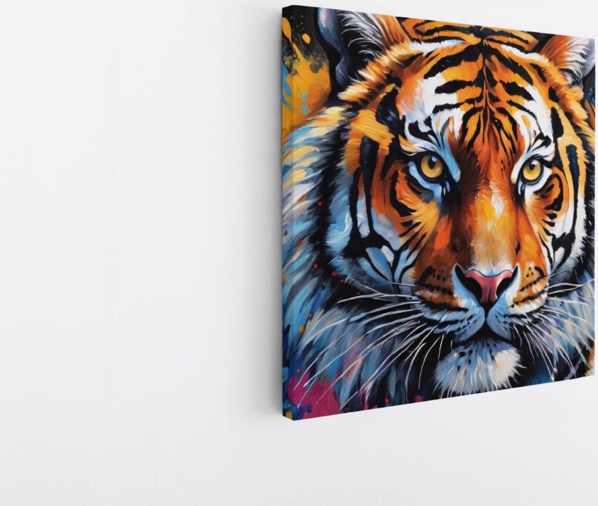 Saammp Canvas Schilderij - Kleurrijke Tijger - Verfspetters - Dieren - Abstract - 30x30 - Foto op canvas - Wanddecoratie - muurdecoratie Woonkamer - Slaapkamer decoratie - Canvas Print Multicolor