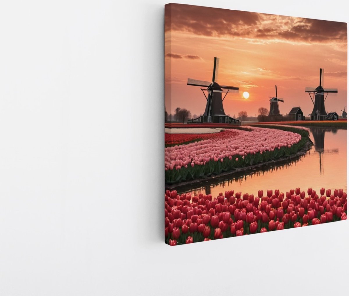 Saammp Canvas Schilderij - Landschap - bloemenveld met molens - Natuur - 100x100 - Foto op canvas - Wanddecoratie - Muurdecoratie Woonkamer - Slaapkamer decoratie - Canvas Print Multicolor