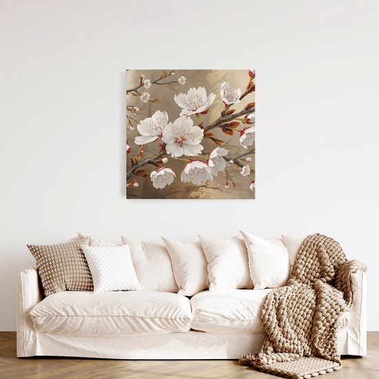 Saammp Canvas Schilderij - Lente Bloesem Tak - Natuur - Abstract - 40x40 - Foto op canvas - Wanddecoratie - Muurdecoratie Woonkamer - Kantoor Decoratie