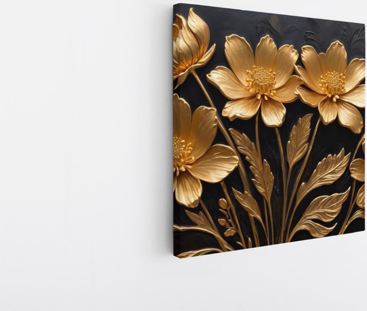Saammp Canvas Schilderij - goud - Bloemen - Zwart - Abstract - 40x40 - Foto op canvas - Wanddecoratie - Muurdecoratie Woonkamer - Kantoor Decoratie Multicolor