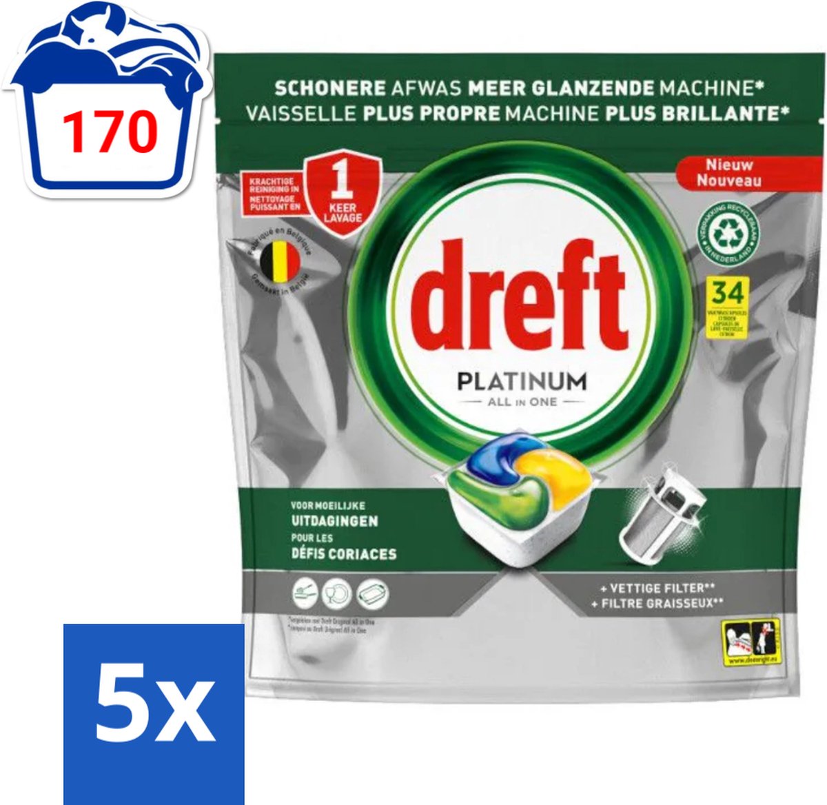 5 x Dreft Platinum - All In One - Vaatwascapsules - Citroen - 34 Afwasbeurten - Vaatwasmiddel - Vaatwascapsule - Citroengeur - Vaatwasser Reinigen - Vetfilter Reinigen