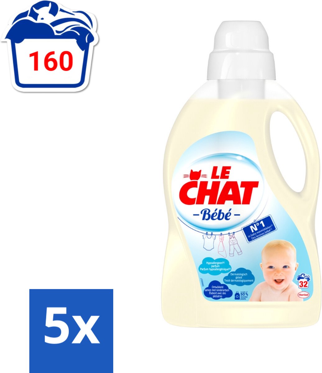5 x Le Chat Vloeibaar Wasmiddel Bébé 32 Wasbeurten 1440 ml - Wasmiddel Voor Baby - Hypoallergisch Wasmiddel - Wasmiddel Voor Gevoelige Huid - Wasmiddel Voor Kinderen - Wasmiddel Tegen Babyvlekken