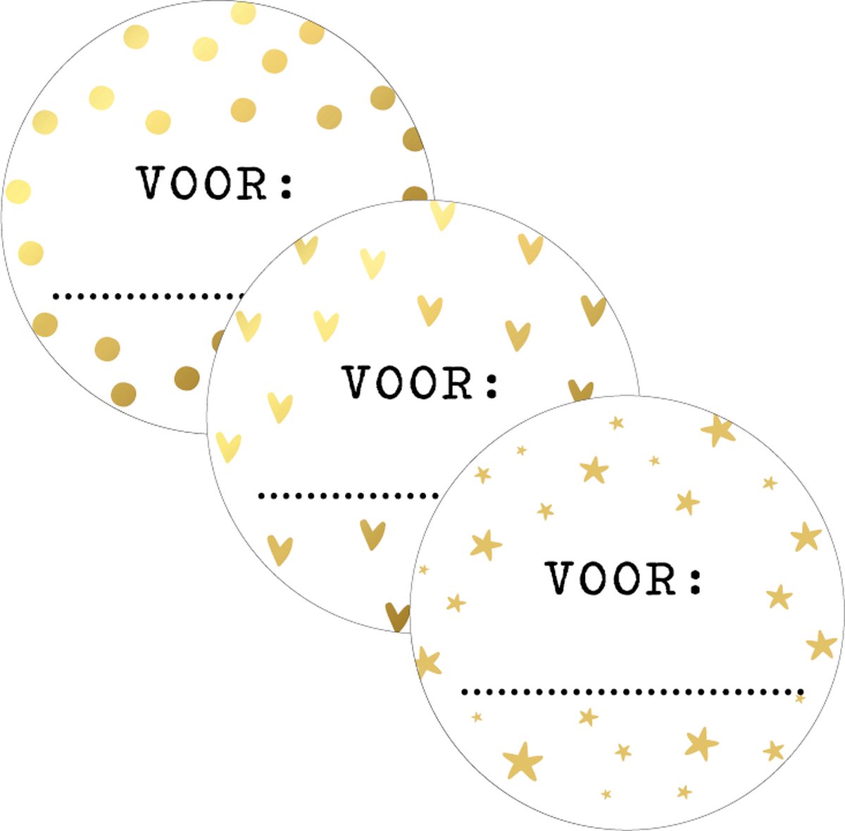 12 Cadeaustickers: Voor… - Wit met goudfolie- Ronde sticker 3 cm - Cadeauversiering- Sluitzegel- Traktatiesticker- Wensetiket
