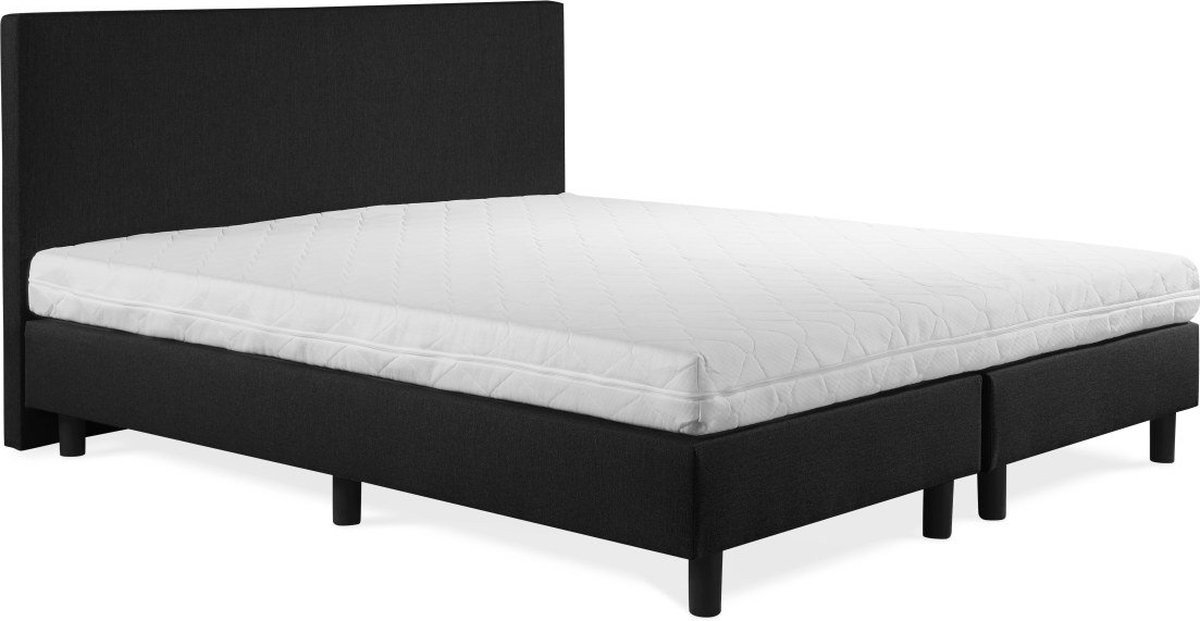 Boxspring Sofia luxe gitzwart 130x190 incl. wit matras, hoofdbord glad uitgevoerd.