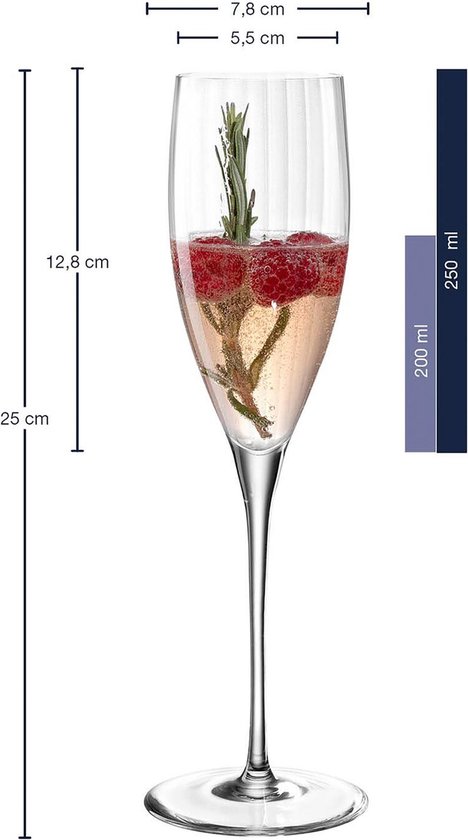Een champagneglas met verticale ribbels, gevuld met champagne, frambozen, rozemarijn en afmetingen.