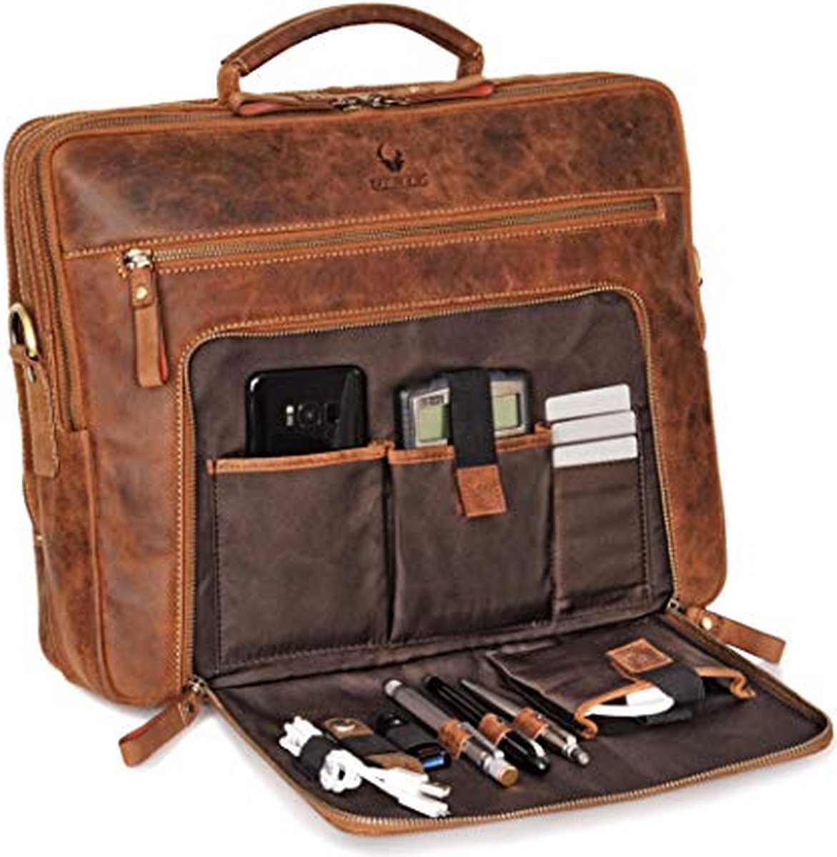 Luanzo waxed Canvas Laptop Schoudertas met Leer Atlanta Bruin - Luanzo