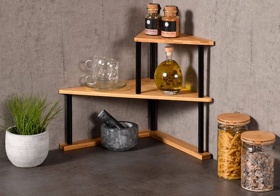 OHMG Magnetronrek met 3 niveaus, met 3 haken en kleverige platte houder, bamboe ovenrek, om op te hangen, multifunctionele keukenorganizer (52 x 37 x 65 cm