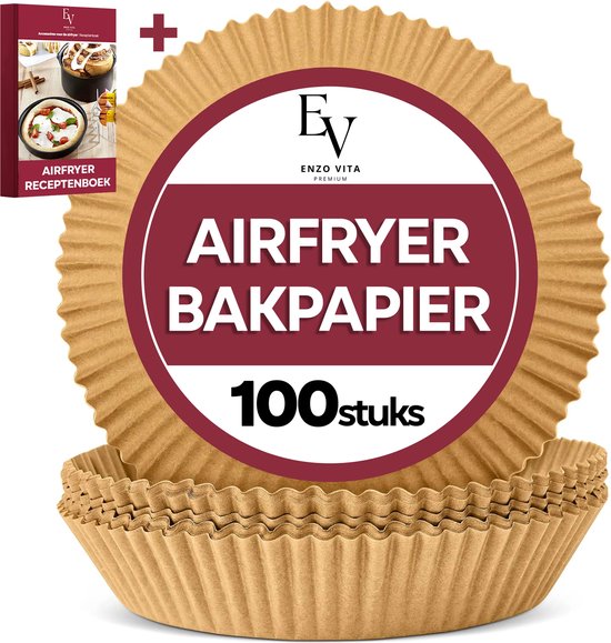 EnzoVita® Airfryer Bakpapier - Airfryer Accessoires - 100 Stuks - Geschikt voor Airfryer XL - Ronde Bakpapier - 15 - 24 cm - Inclusief NL Receptenboek - Gerecycled papier - Duurzaam - EnzoVita series