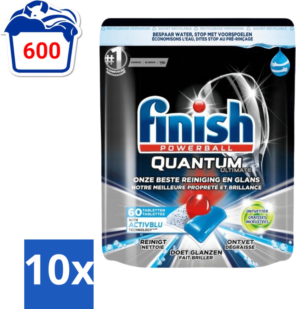10 x Finish Powerball - Quantum Ultimate - Vaatwastabletten - Ontvetter - 60 Tabletten - Vaatwasmiddel - Vaatwastablet - Ontvetter - Vaat Reinigen - Vaatwasser