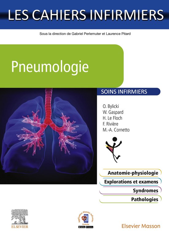Livre 'Pneumologie' avec une image des poumons et le texte 'Les cahiers infirmiers'.