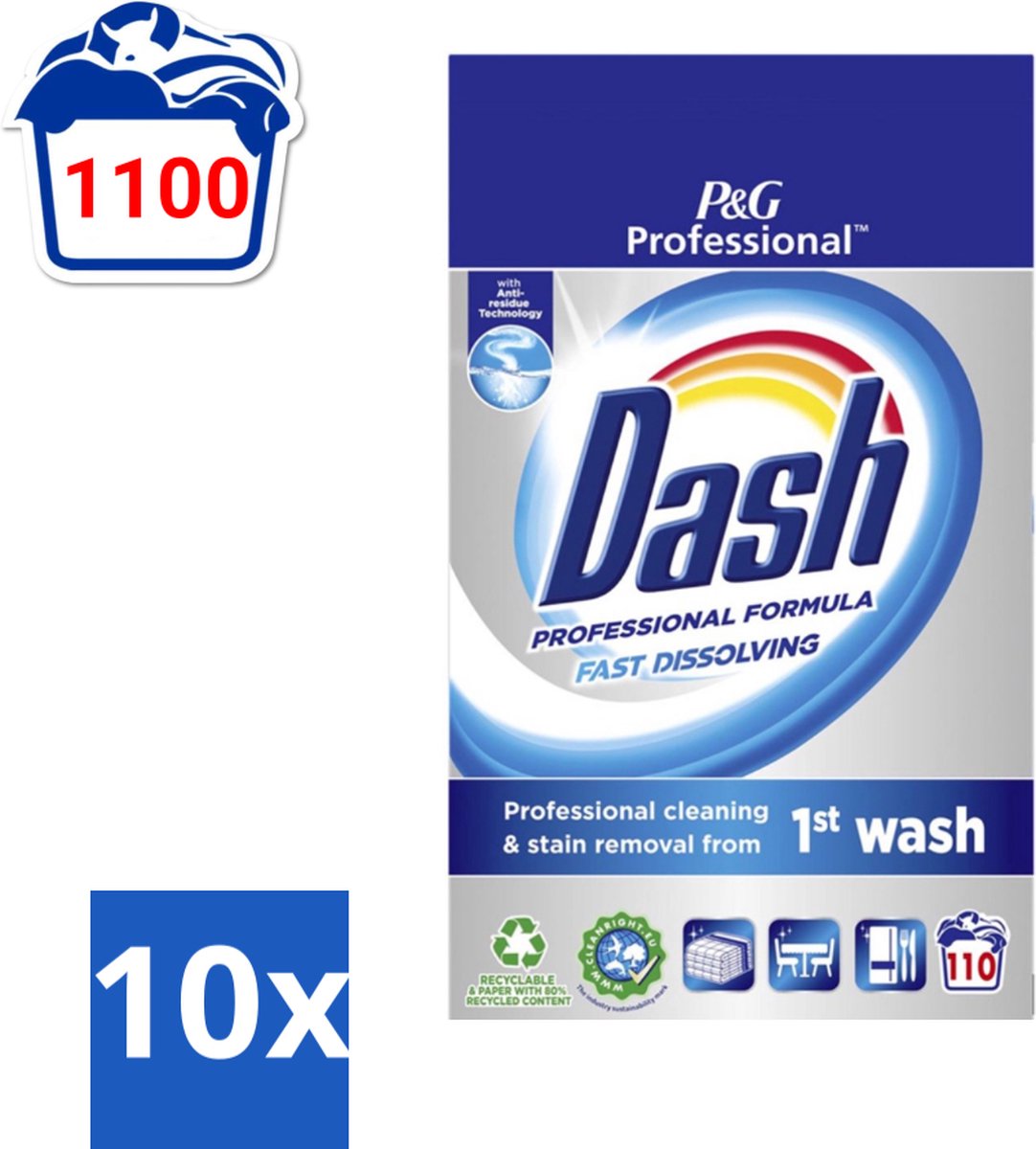 Dash Professional - Snel Oplossend Waspoeder - Witte en Gekleurde Was - 110 Wasbeurten - Bulkverpakking - 10 stuks