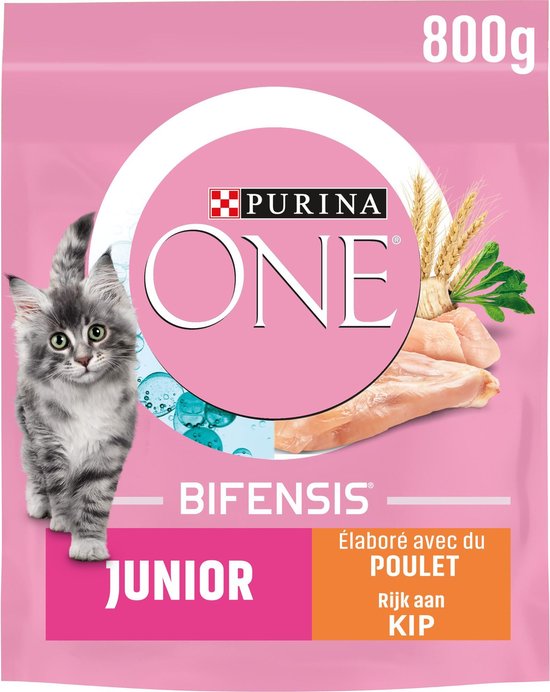 Purina ONE Junior kattenvoer verpakking, 800g. Met een kitten, kip en granen.
