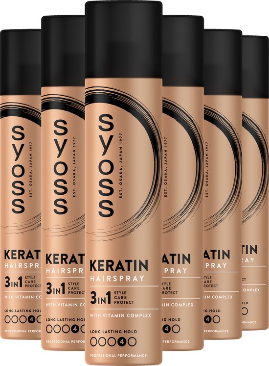 Syoss Keratin Haarspray, 6x, goudkleurige spuitbussen met zwarte doppen en zwarte krullen.