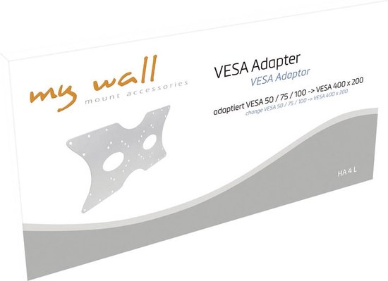 Verpakking van een VESA-adapter van 'my wall', met een afbeelding van de adapter en de tekst 'VESA Adapter' en 'adaptiert VESA 50/75/100 -> VESA 400 x 200'.