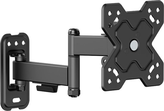 Zwarte metalen tv-beugel met scharnierende arm en vierkant VESA-bevestigingssysteem.