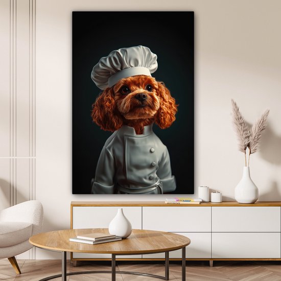 Canvas schilderij 80x120 cm - Exclusieve wanddecoratie Bruin - Kok - Hondje - Muurdecoratie woonkamer - Slaapkamer decoratie - Kamer accessoires - Schilderijen op canvas