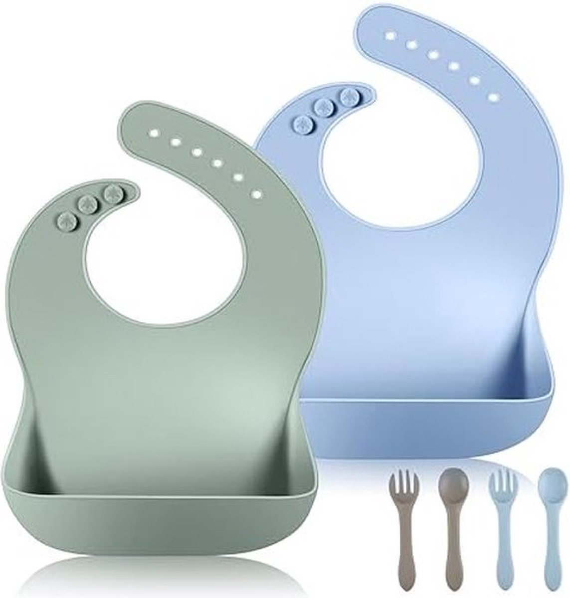 Image of 2 stuks siliconen slabbetjes met 6 verstelbare maten, incl. lepels en vorken - babybestek set