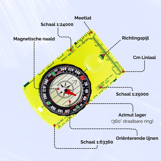 Gele multifunctionele kompas met magnetische naald, richtingspijl, schaalverdeling, meetlat en azimutlager.