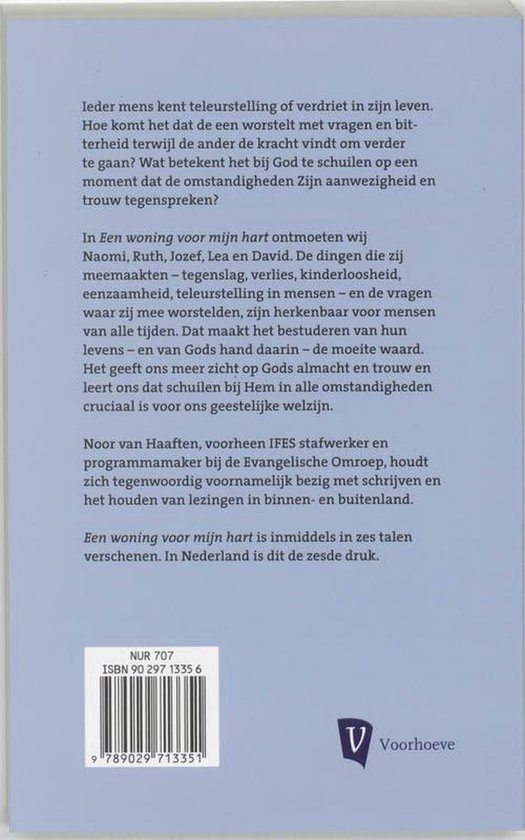 Boekomslag met tekst 'Een woning voor mijn hart'. Bevat een afbeelding van een abstracte hemel met zonlicht en een barcode.