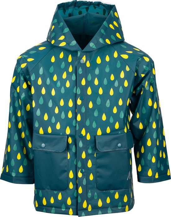 Voorkant van een groene kinderregenjas met gele en groene druppelprint, capuchon en twee zakken met drukknoopsluiting.