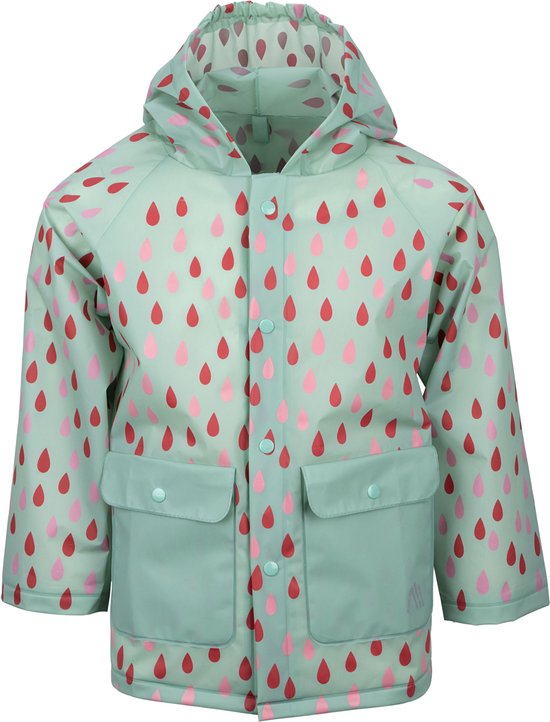 Lichtgroene regenjas met rode en roze druppels, capuchon, drukknoopsluiting en twee klepzakken.