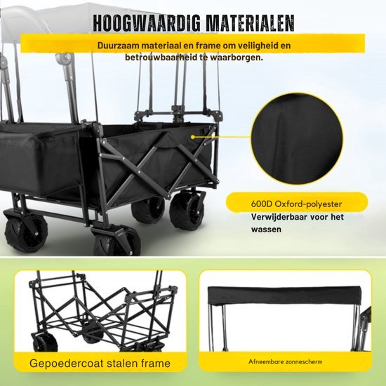 Opvouwbare Bolderkar in Zwart - 220L Capaciteit - Geschikt voor Kinderenvervoer tot 150KG - Stevig en Ruim — afbeelding 3
