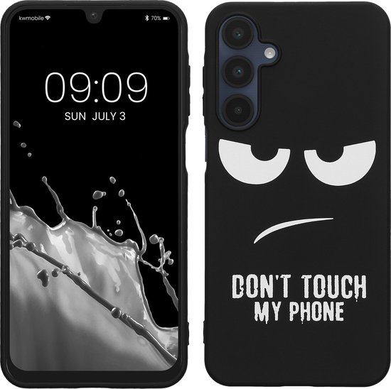 Coque en TPU noir avec texte 'Don't Touch My Phone' et visage en colère, à côté d'un smartphone.