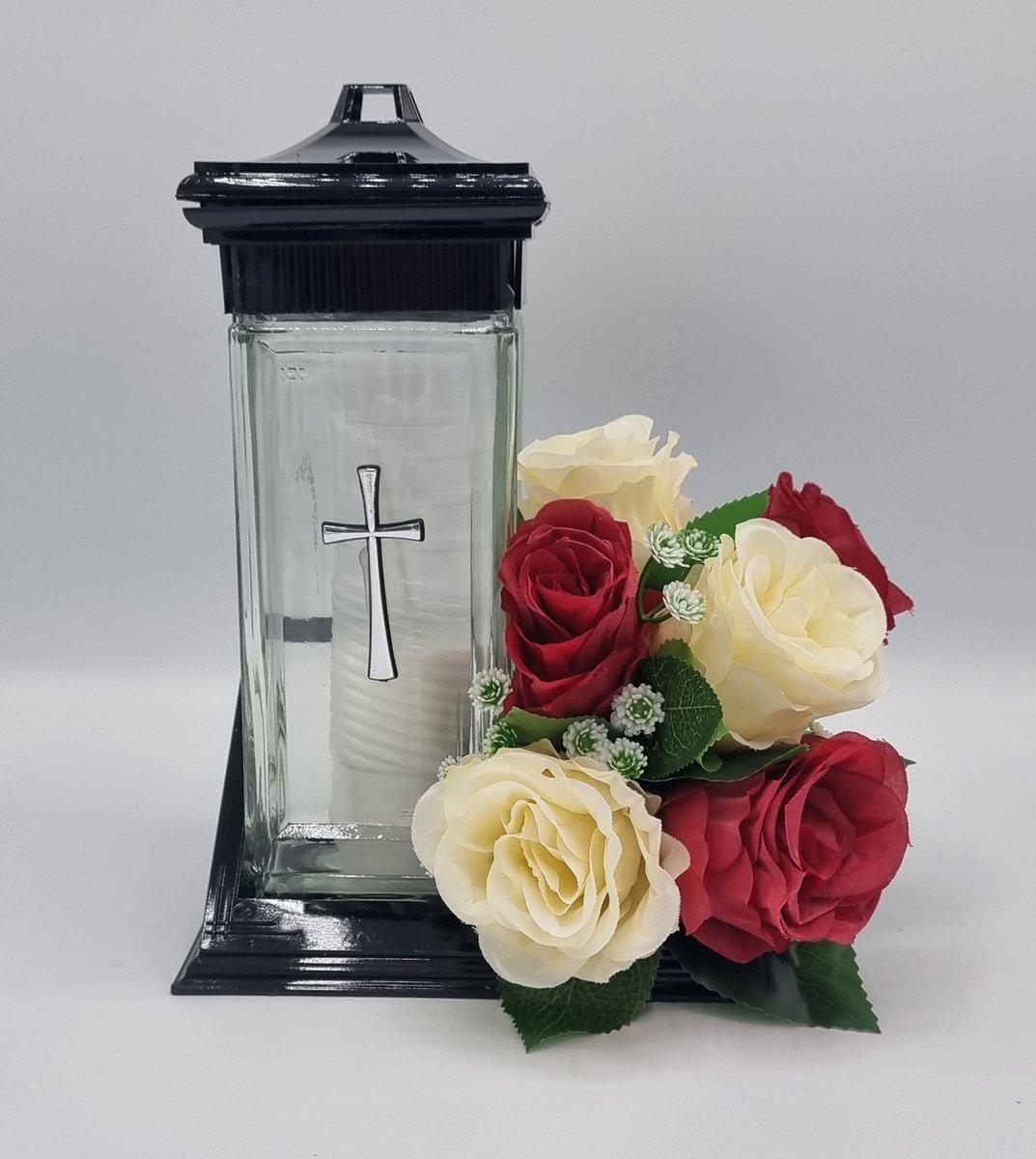 Herdenkingslicht - ZC2 - Bloemstuk - W113/01-05 - Rood/Creme - Grafdecoratie - Zijdenbloemen - Kunstbloemen - Grafkaars - Graflicht