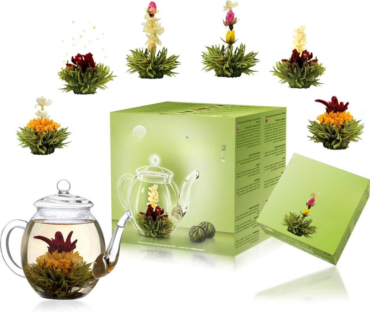 Tees cadeauset - Theebloemen mix in glazen kan - Groene thee fruitig gearomatiseerd - Theeroos (6 soorten) - Bloeiende thee geschenk - Vrouwen - Moeder - Theeliefhebbers - Moederdag