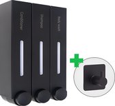 SVENNE® Zeepdispenser - 3 reservoirs - Wandmontage - Muur - Zwart - Hangend - Douche - Keuken - Badkameraccessoire - Zeeppomp - Inclusief handdoekhaak