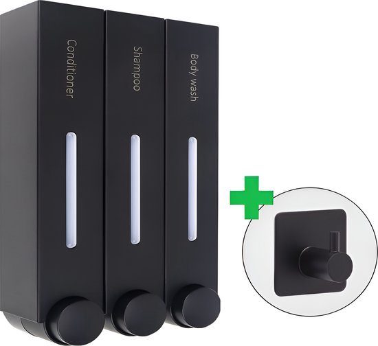 SVENNE Distributeur de savon - 3 réservoirs - Mural - Mural - Zwart - Suspendu - Cuisine - Accessoire de salle de bain - Pompe à savon - Crochet porte-serviettes inclus