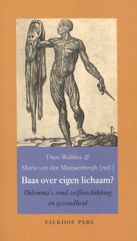 Boekcover met anatomische tekening van een man, 'Baas over eigen lichaam?' en 'Valkhof Pers'.