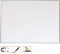 Wit whiteboard met aluminium lijst met pictogrammen voor magnetisch gebruik en twee markers.