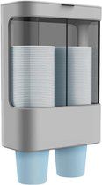 Grijze bekerdispenser met transparant voorvak, gevuld met witte bekers, twee blauwe bekers eronder.