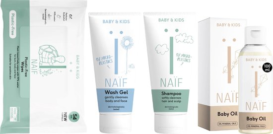 Naif Cadeauset Baby Compleet - Naif Baby & Kids Babyolie 100ml Soothing - Naif Baby & Kids Babydoekjes 54st Plastic Free - Naif Baby & Kids Washgel 200ml - Naif Baby & Kids Shampoo 200ml Nourishing