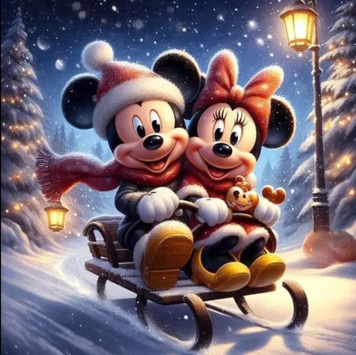 Mickey en Minnie op slee 40x50 - Diamond painting - compleet pakket - volledig beplakt - vierkante steentjes