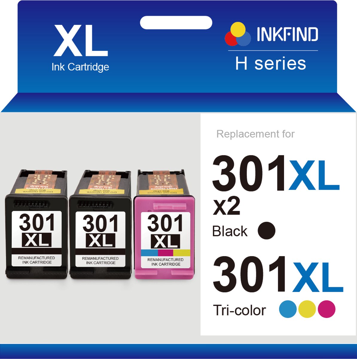 INKFIND 301XL Inktcartridge compatibel met HP301 HP301XL HP 301 HP 301XL CH563EE CH564EE Hoge Capaciteit - 3-pack (Zwart x 2 en Kleur x 1)