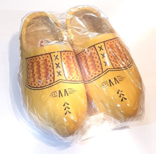 Gevavi houten klompen, geel, verpakt in plastic, met oranjerood patroon