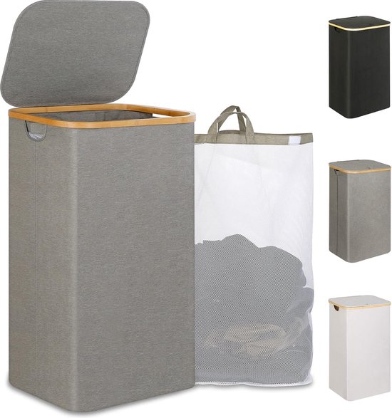 iEGrow Wasmand 110 liter, met deksel en handvat, inklapbaar, met uitneembare binnenzak, bamboe wasmand voor slaapkamer, badkamer, wasruimte (lichtgrijs